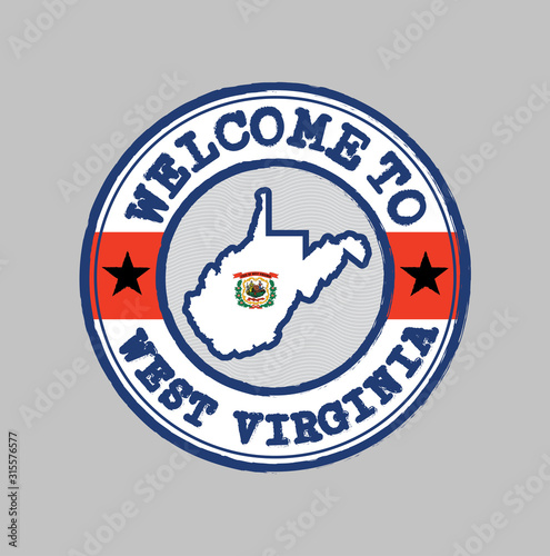 Vector stamp of welcome to West Virginia with map outline of the state in center.