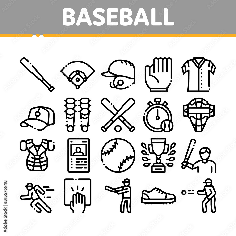 Baseball Game Tools Collection Icons Set Vector Thin Line. Baseball Bat And Ball, Protection Helmet And Glove, Stopwatch And Cup Concept Linear Pictograms. Monochrome Contour Illustrations