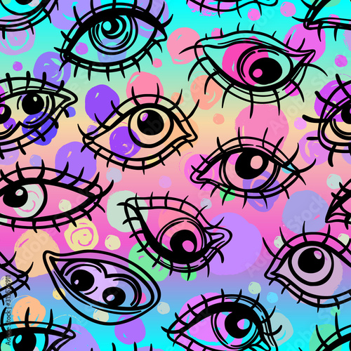 Eyes, seamless pattern over colorful dotted retro 80s, 90s abstract backgroun...