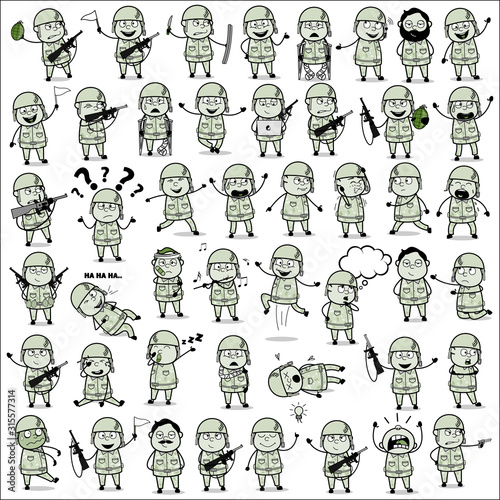 Retro Various Cartoon Army Man - Set of Concepts Vector illustrations