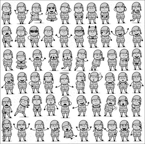 Retro Comic Army Man Poses Collection - Set of Concepts Vector illustrations