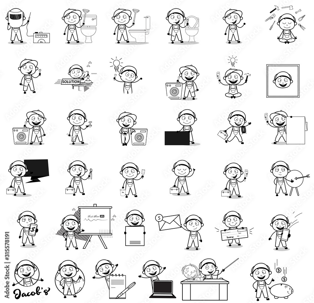 Drawing of Labor Repairman Character - Set of Concepts Vector illustrations