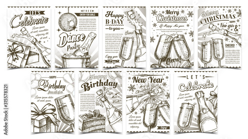 Christmas And Birthday Festive Banners Set Vector. Collection Of Creative Posters With Champagne Bottle And Glass, Christmas Snowflakes And Air Balloons. Template Monochrome Illustrations