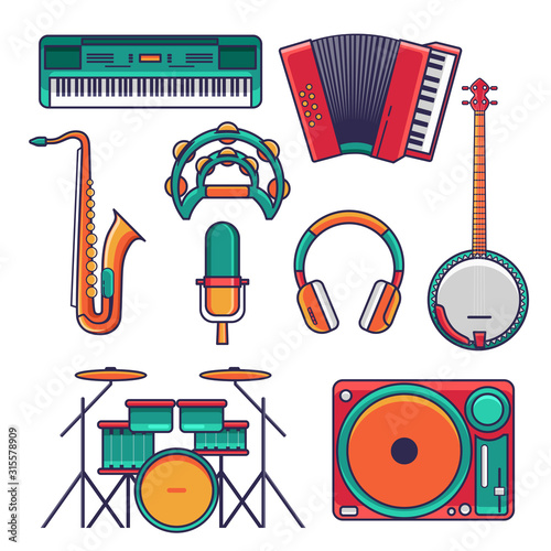 Set of music instrumental icon and elements. Flat design