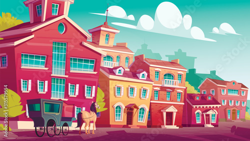 Horse stagecoach stand on empty antique street with colorful low-rise buildings, retro carriage vehicle parked near stone house in eastern town. Historical fairy tale scene Cartoon vector illustration