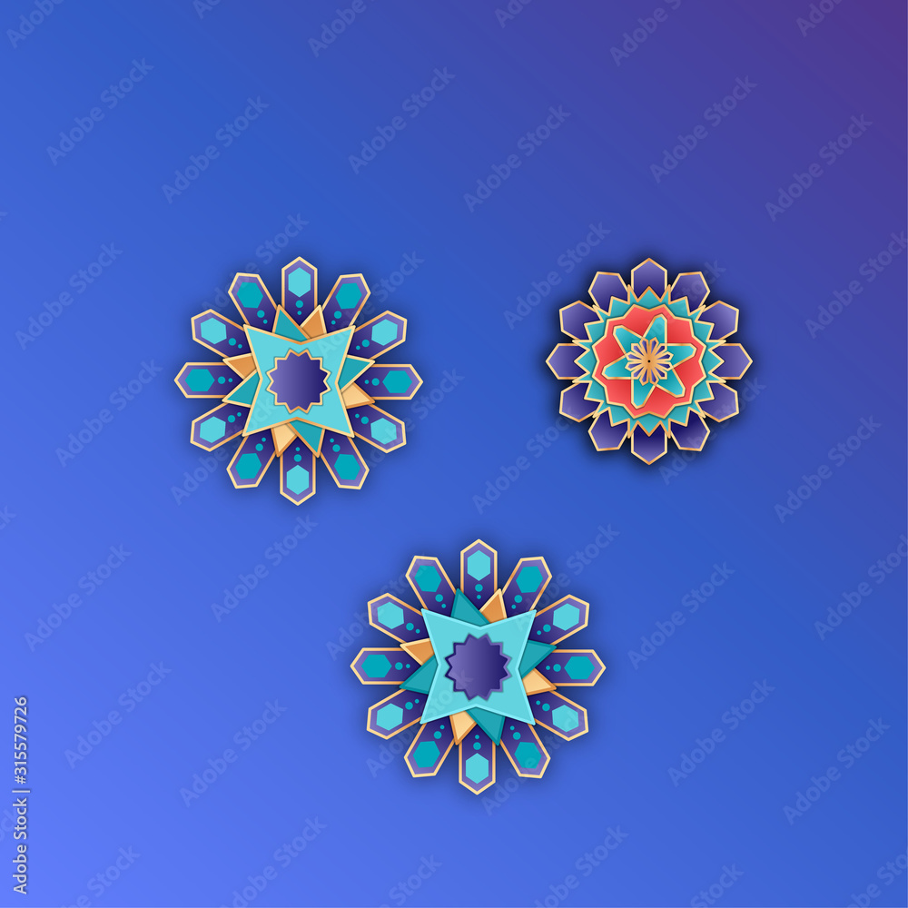sets of simple colored and gradient geometric elements, ornaments or snowflakes, islamic or arabic holiday. vector illustration sets of simple colored and gradient geometric elements, ornaments or snowflakes, islamic or arabic holiday. vector illustration