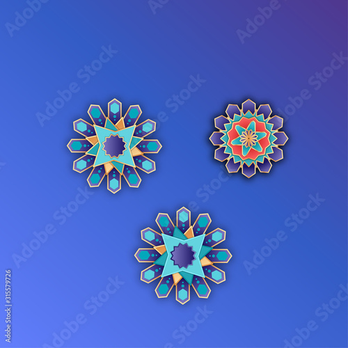 sets of simple colored and gradient geometric elements, ornaments or snowflakes, islamic or arabic holiday. vector illustration