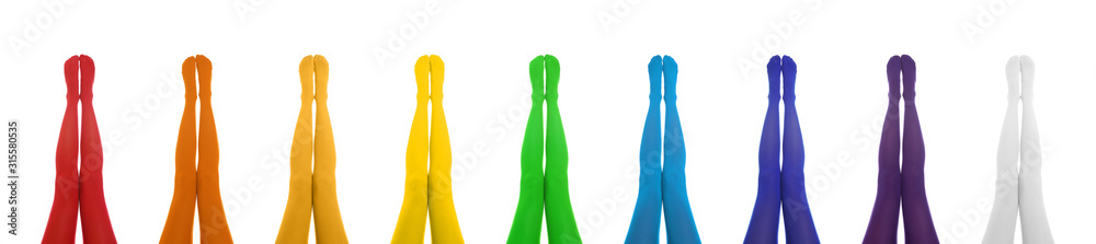 Collage of women wearing different colorful tights on white background, closeup. Banner design Collage of women wearing different colorful tights on white background, closeup. Banner design