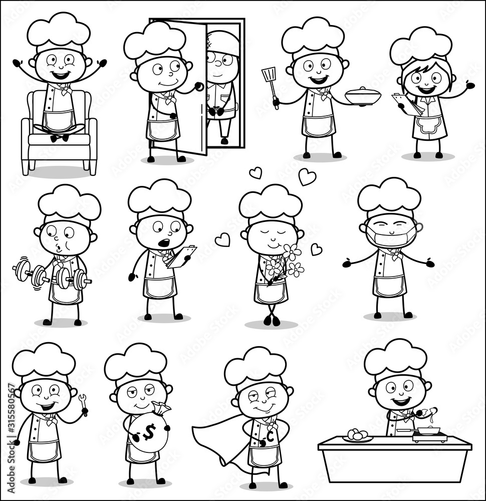 Cartoon Chef - Set of Black and White Concepts Vector illustrations Cartoon Chef - Set of Black and White Concepts Vector illustrations