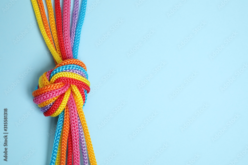Top view of colorful ropes tied together on light blue background, space for text. Unity concept - obrazy, fototapety, plakaty 