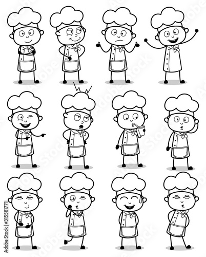 Drawing Art of Cartoon Chef Poses - Set of Concepts Vector illustrations