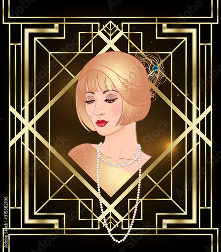 Art Deco vintage invitation template design with illustration of flapper girl. patterns and frames. Retro party background set (1920's style). Vector for glamour event, thematic wedding or jazz party.