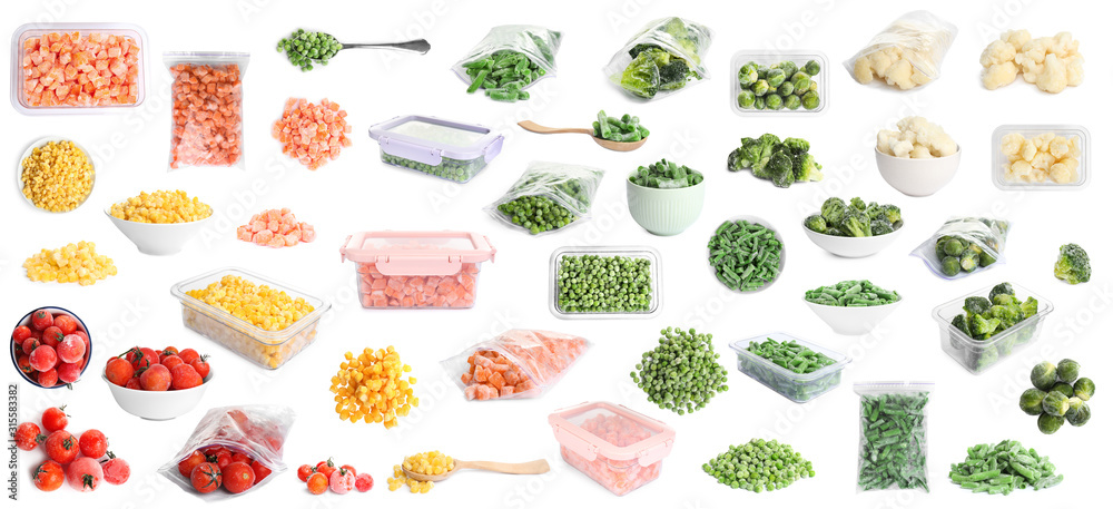 Set of different frozen vegetables on white background