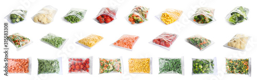 Set of different frozen vegetables in plastic bags on white background photo