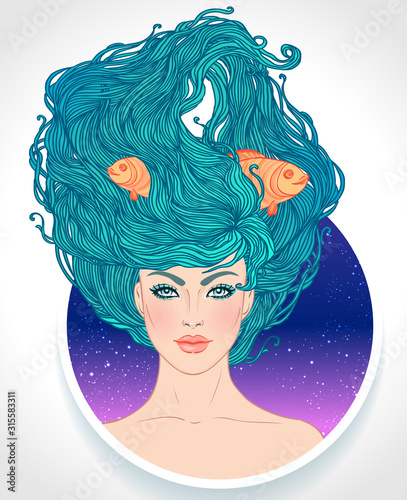 Illustration of Pisces astrological sign as a beautiful girl. Zodiac vector illustration isolated on white. Future telling, horoscope, alchemy, spirituality, occultism, fashion woman.