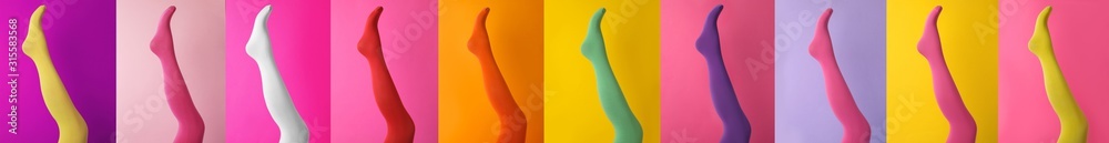 Collage of women wearing different bright tights on color backgrounds, closeup. Banner design - obrazy, fototapety, plakaty 