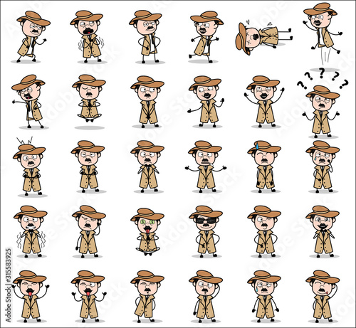 Collection of Cartoon Detective Agent Poses - Set of Concepts Vector illustrations