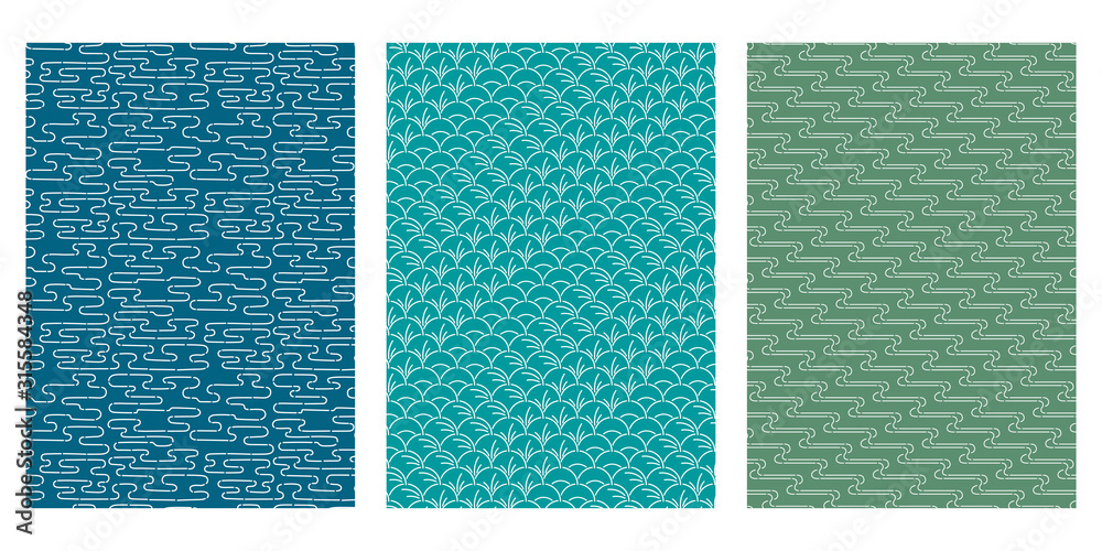 Fototapeta premium Japanese Pond Ripple, Semicircular Leaf, Square Grid Water Abstract Vector Background Collection
