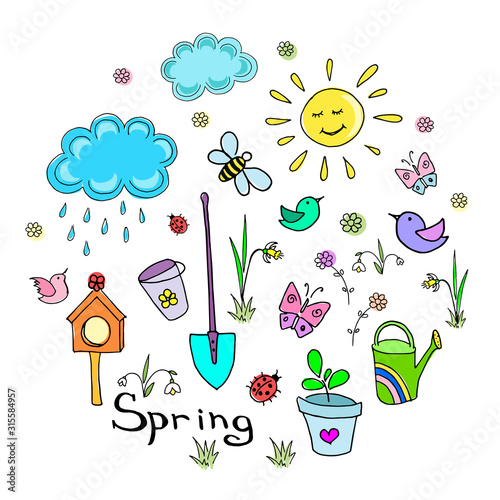 Spring doodle collection. Set of simple hand-drawn cute elements. Colored vector illustration isolated on white