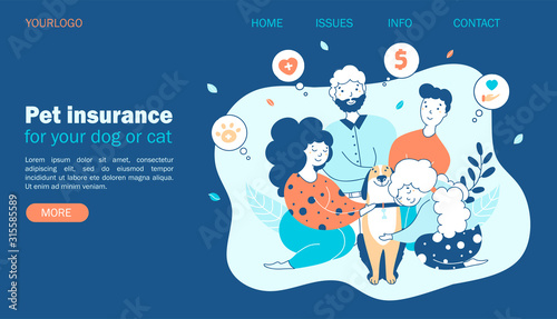 Pet insurance. Family concept with beloved dog, protection and care for pets. Website template