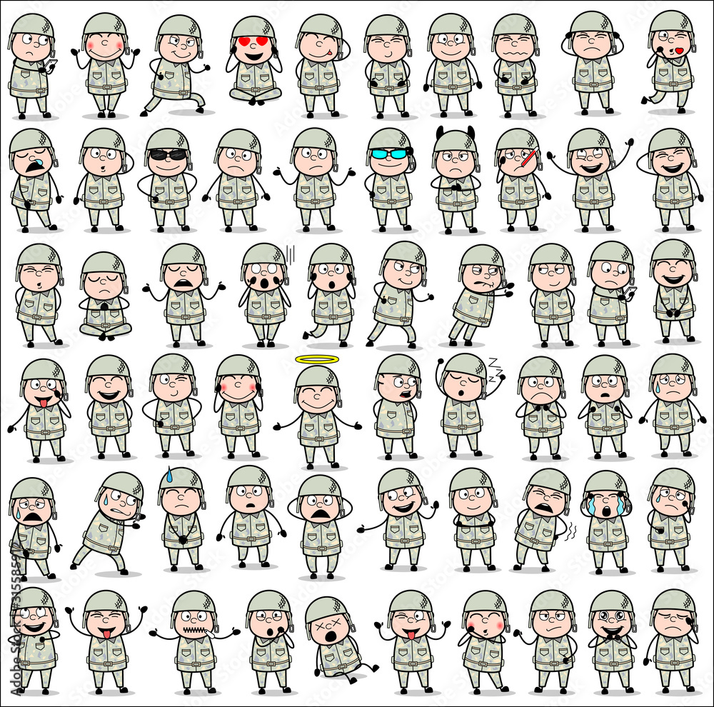 Comic Army Man Poses - Collection of Concepts Vector illustrations Comic Army Man Poses - Collection of Concepts Vector illustrations