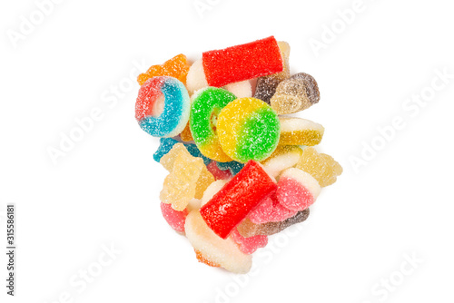 Assorted gummy candies. Top view. Jelly sweets. Isolated on white.