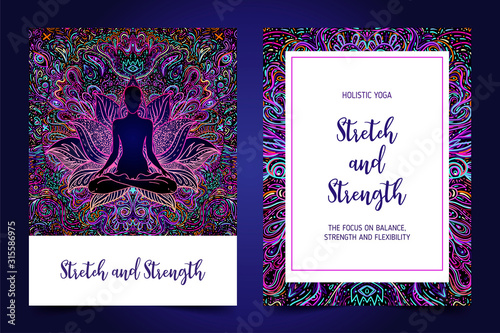 Yoga card, flyer, poster, mat design. Colorful neon template for spiritual retreat or yoga studio. Ornamental business cards, oriental pattern. Vector illustration. Sticker, patch, 60s hippie art.