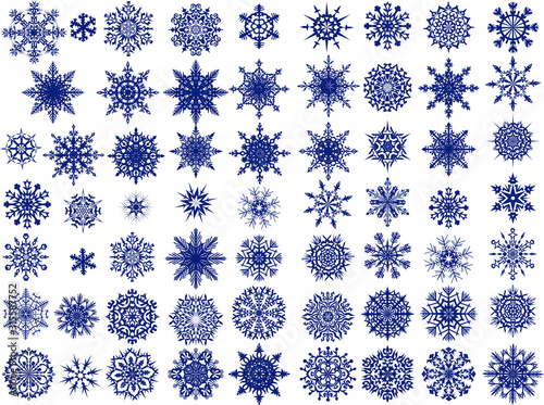 sixty two blue snowflakes collection isolated on white
