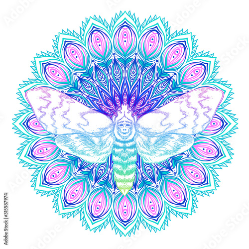 Moth over mandala. Beautiful vintage round pattern. Vector illustration. Psychedelic neon composition. 