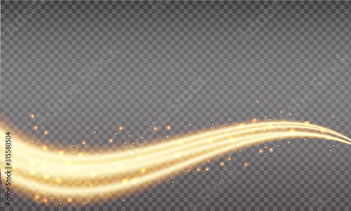 Golden swoosh, magic wave. Gold trail isolated on transparent background. Luminescent waved trail with bright bokeh and sparkles. Swoosh with stradust.