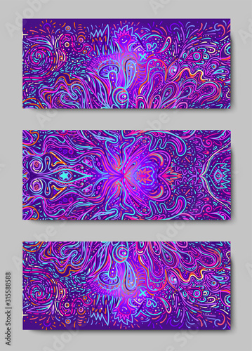 Yoga card, flyer, poster, mat design. Colorful neon template for spiritual retreat or yoga studio. Ornamental business cards, oriental pattern. Vector illustration. Sticker, patch, 60s hippie art.