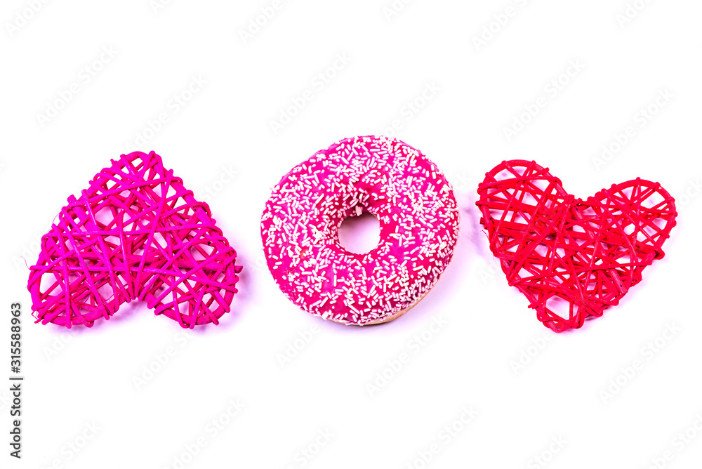 Donut and hearts isolated on a white background.