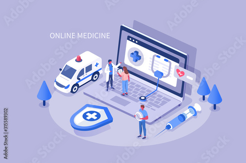 Doctors Characters Standing Near Laptop with Medical Website. Medical Staff Checking Patient Health and Prescribing Medicament. Healthcare and Ambulance Concept. Flat Isometric Vector Illustration.