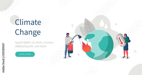 People Characters trying to Save Planet Earth.Woman holding Thermometer showing Hot Temperature. Man put out Big Fire. Global Warming and Climate Change Concept. Flat Isometric Vector Illustration.