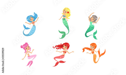 Cute Beautiful Mermaids Collection, Lovely Sea Princesses with Colorful Hair and Tails Vector Illustration