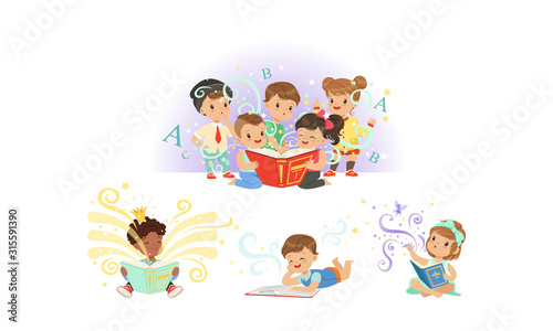 Adorable Little Kids Reading Fairy Tale Books Collection Vector Illustration