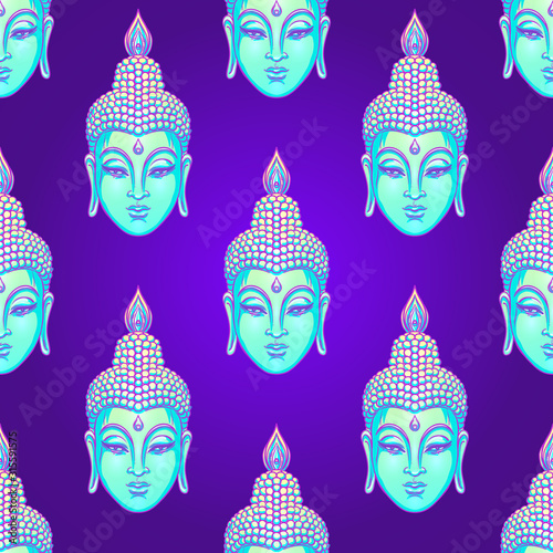 Sitting Buddha over colorful neon background. Seamless pattern. Vector illustration. Psychedelic mushroom composition. Indian, Buddhism, Spiritual Tattoo, yoga, spirituality. 60s hippie colorful art.