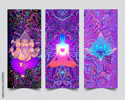 Yoga card, flyer, poster, mat design. Colorful neon template for spiritual retreat or yoga studio. Ornamental business cards, oriental pattern. Vector illustration. Sticker, patch, 60s hippie art.