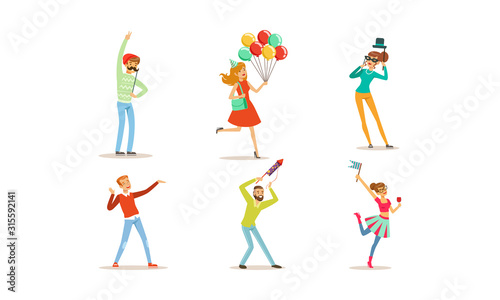 Happy People Having Fun at Party Set  Men and Women Celebrating Holiday Vector Illustration