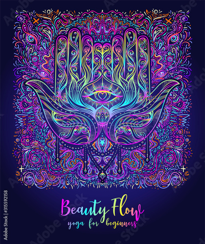 Yoga card, flyer, poster, mat design. Colorful neon template for spiritual retreat or yoga studio. Ornamental business cards, oriental pattern. Vector illustration. Sticker, patch, 60s hippie art.