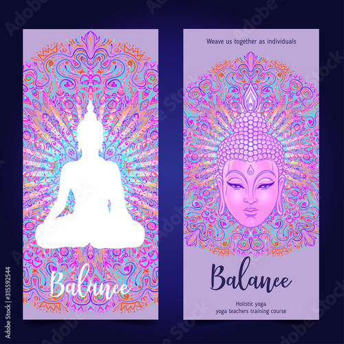 Yoga card, flyer, poster, mat design. Colorful neon template for spiritual retreat or yoga studio. Ornamental business cards, oriental pattern. Vector illustration. Sticker, patch, 60s hippie art.