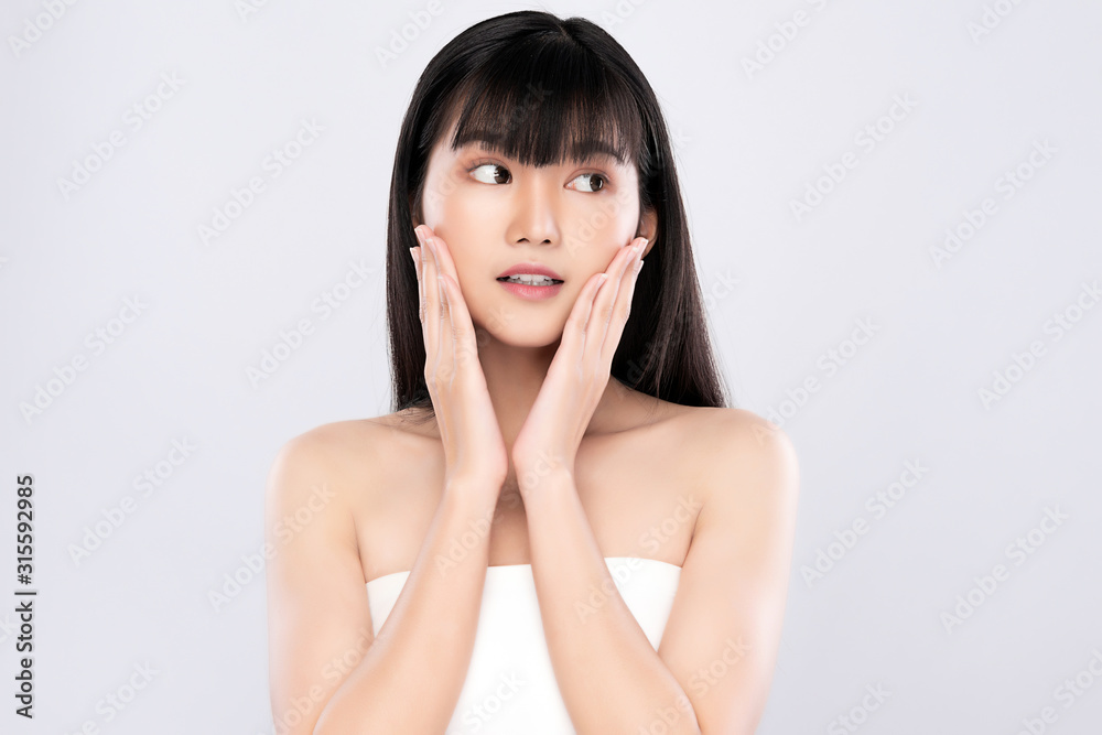 Portrait beautiful young asian woman clean fresh bare skin concept. Asian girl beauty face skincare and health wellness, Facial treatment, Perfect skin, Natural make up, on white background Portrait beautiful young asian woman clean fresh bare skin concept. Asian girl beauty face skincare and health wellness, Facial treatment, Perfect skin, Natural make up, on white background