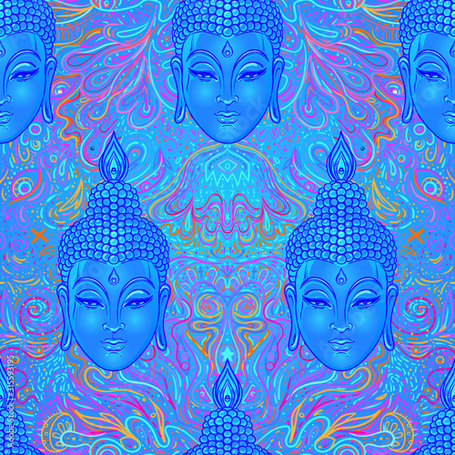 Sitting Buddha over colorful neon background. Seamless pattern. Vector illustration. Psychedelic mushroom composition. Indian, Buddhism, Spiritual Tattoo, yoga, spirituality. 60s hippie colorful art.