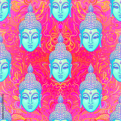 Sitting Buddha over colorful neon background. Seamless pattern. Vector illustration. Psychedelic mushroom composition. Indian, Buddhism, Spiritual Tattoo, yoga, spirituality. 60s hippie colorful art.