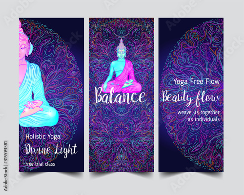 Yoga card, flyer, poster, mat design. Colorful neon template for spiritual retreat or yoga studio. Ornamental business cards, oriental pattern. Vector illustration. Sticker, patch, 60s hippie art.