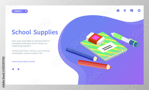 Supplies for lessons, vector illustration. Collection of school supplies or stationery. Isometric cartoon items for education of smart pupils and students. Knowledge and education. School accessories