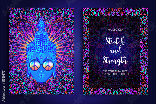 Yoga card, flyer, poster, mat design. Colorful neon template for spiritual retreat or yoga studio. Ornamental business cards, oriental pattern. Vector illustration. Sticker, patch, 60s hippie art.