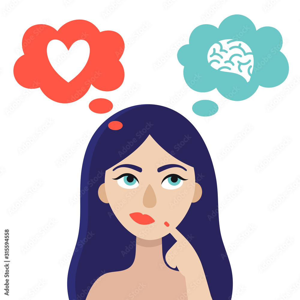 A young woman is thinking about what decision to make. The concept of choice.The heart or the brain.Doubts, worries.Flat vector illustration on white background. A young woman is thinking about what decision to make. The concept of choice.The heart or the brain.Doubts, worries.Flat vector illustration on white background.