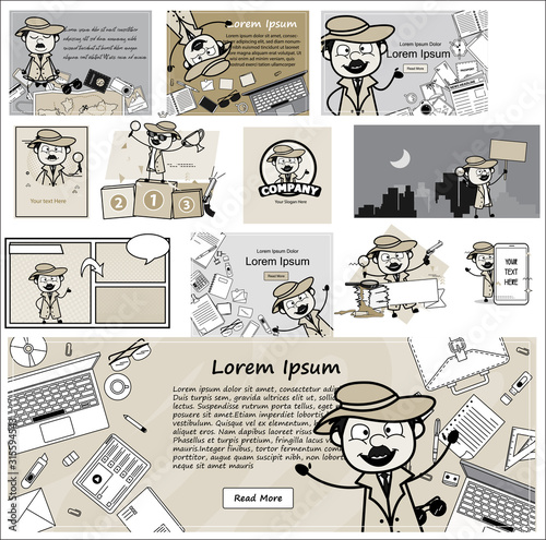 Cartoon Funny Detective Agent with Many Templates - Set of Concepts Vector illustrations