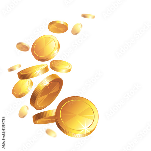 Frame with falling money - gold coins on a transparent or white background. Illustration with place for text. 